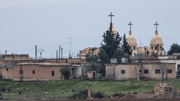 A general view shows a church in the Assyrian village of Abu Tina, which was recently captured by Islamic State fighters.