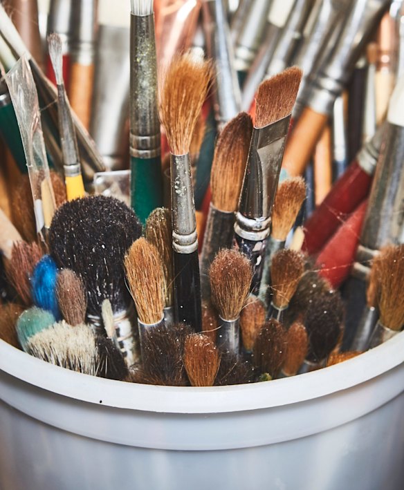 Paintbrushes in David Hockney's LA studio, April 2016. 