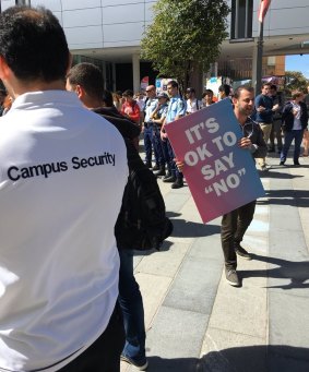 Hundreds of counter-protesters gathered around a man encouraging Sydney University students to "vote no" in the same-sex marriage postal vote.