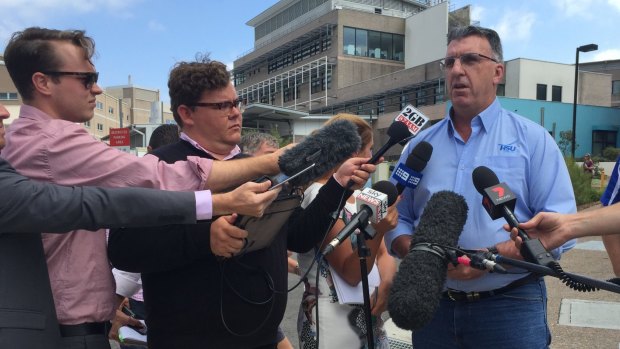 HSU secretary Gerard Hayes speaks to the media outside Nepean Hospital.