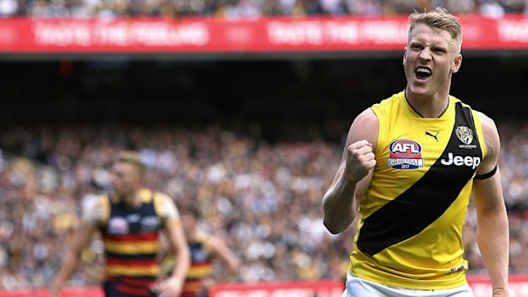 Josh Caddy celebrates the Tigers' first goal.