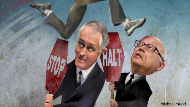 Blockers: Attorney-General George Brandis and Communications Minister Malcolm Turnbull will soon present cabinet with a proposal to tackle online piracy. <i>Illustration: michaelmucci.com</i>