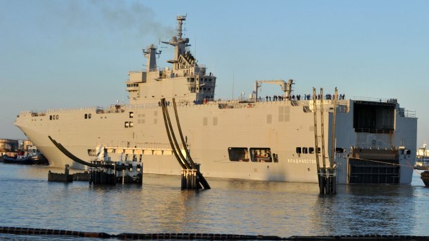 Sophisticated: A Mistral class LHD amphibious vessel ordered by Russia from France leaves harbour for her first trial in western France in March.