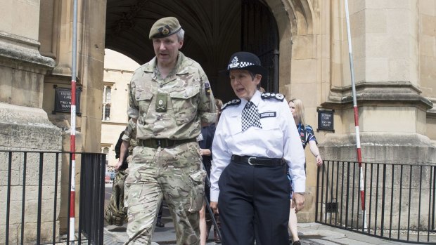 Metropolitan Police Commissioner Cressida Dick and Major General Ben Bathhurst after meeting soldiers and police officers on deployment in the Palace of Westminster.