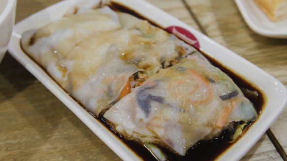 Made-to-order flat rice noodles (cheong fun) at Traditional Cantonese Taste. 