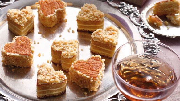 Heart-shaped petits fours with nougatine and honey buttercream <a href="https://www.goodfood.com.au/recipes/nougatine-and-honey-buttercream-petits-fours-20131031-2wny2"><b>(Recipe here)</b></a>.