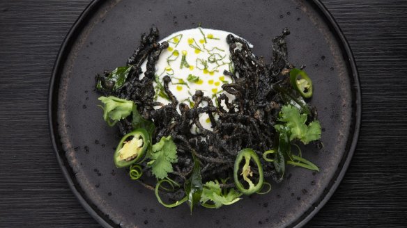 Burnt enoki tempura with cashew yoghurt.