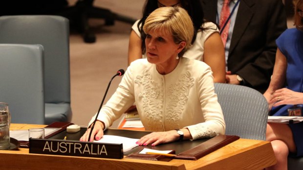 Foreign Minister Julie Bishop delivers a statement at the UN Security Council. A vote for a resolution on the downing of MH17 was vetoed by Russia. 38 Australian citizens and residents were on the plane.