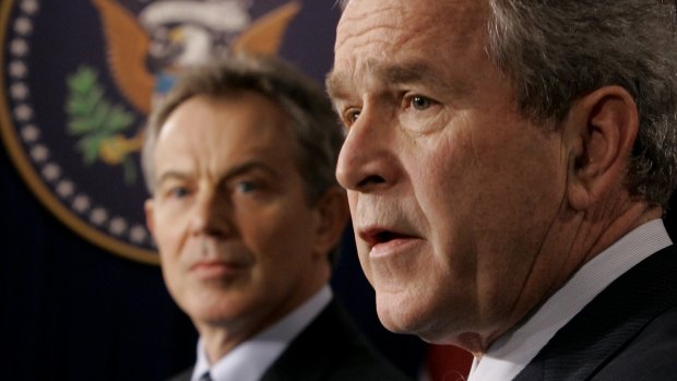 US President Bush, right, and British Prime Minister Tony Blair in 2006. 