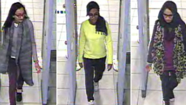 CCTV pictures of British teenagers Kadiza Sultana, Amira Abase and Shamima Begum leaving London's Gatwick Airport on February 17. New CCTV footage of the girls in Istanbul has emerged.