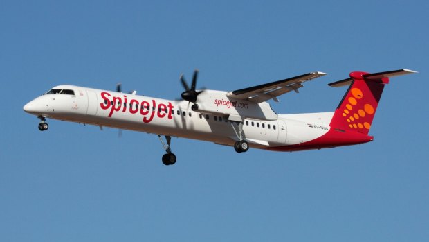 A SpiceJet Bombardier Q400. This aircraft was developed from the de Havilland Canada Dash 8. SpiceJet has 23 of them in its fleet.