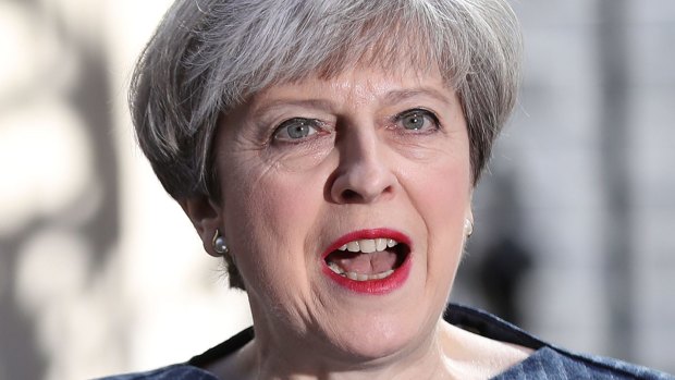 Prime Minister Theresa May makes a statement to the nation in Downing Street on April 18, 2017 in London.