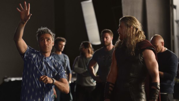 On the Thor set with director Taika Waititi and Chris Hemsworth.