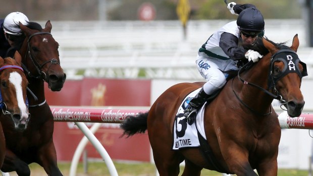 Long way home: Boom Time spears through the fence to win the Caulfield Cup.