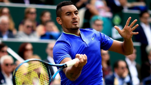 Nick Kyrgios in his final Wimbledon warmup match against Viktor Troicki of Serbia at the Boodles event on Friday.