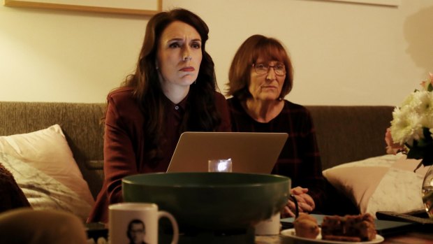 Labour Leader Jacinda Ardern, at home with mother Laurel, watching the progress of the election on TV.