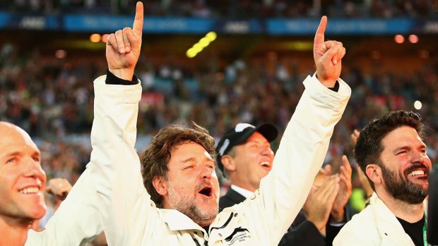 King bunny: Russell Crowe celebrates South Sydney's grand final win.