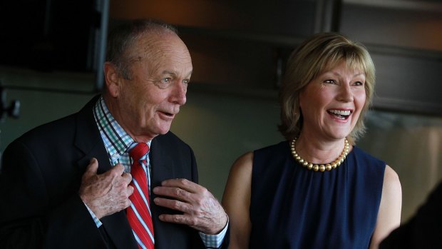 Harvey Norman executive chairman Gerry Harvey, pictured with his wife, managing director Katie Page, has dismissed shareholder concerns about executive remuneration and board structure.
 