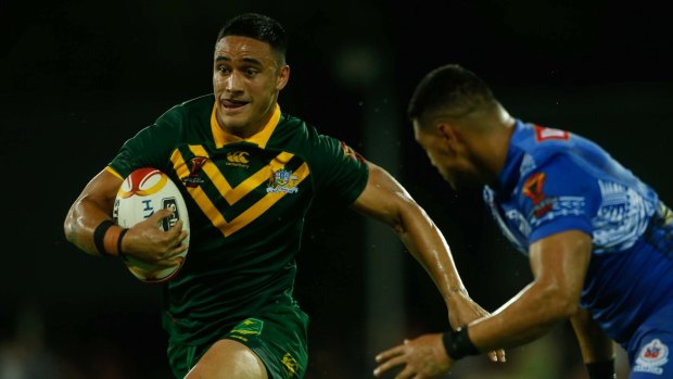 Good time Val: Valentine Holmes surges into the clear against Samoa in Darwin.