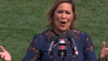Kate Ceberano singing the national anthem at the AFL grand final. Screen grab: Channel Seven