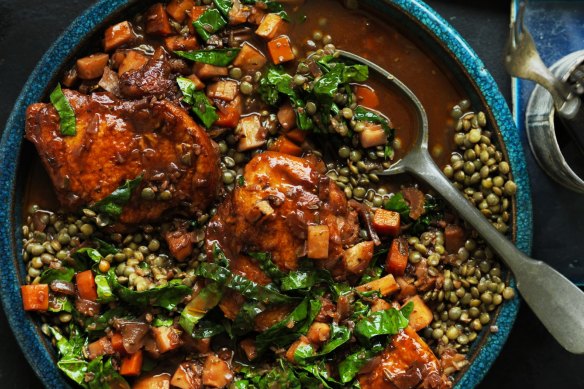Neil Perry's braised chicken with lentils and vegetables.