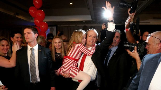 Opposition leader Bill Shorten with daughter Clementine depart Labor's election night function on Saturday night.