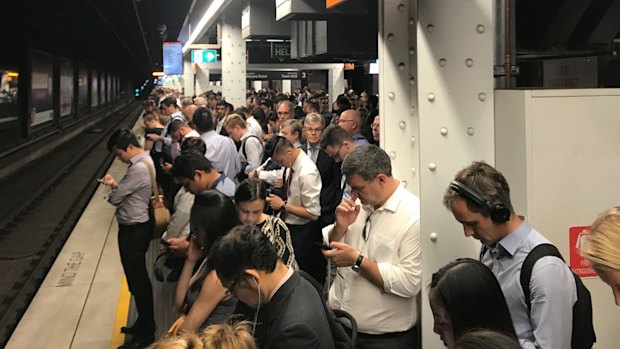 Commuters crowd platforms at Wynyard Station.