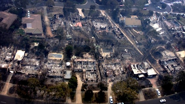 Aerial photo shows the devastation from the fires in The Canberra suburb of Duffy on Eucembene Road on January 19, 2003.