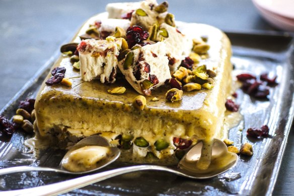 Nutty semifreddo with a central layer of nougat shards.