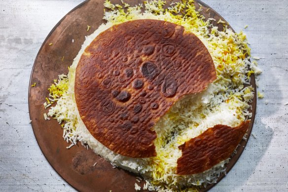 Persian rice with bread (or tortilla) crust.