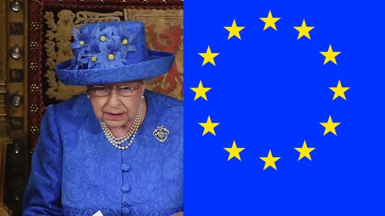 Queen Elizabeth's hat and the EU flag.