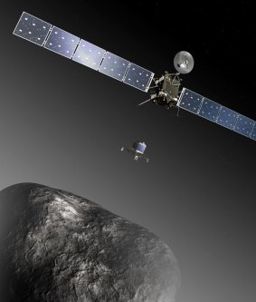 An artist's impression shows the Rosetta orbiter deploying the Philae lander to comet 67P.