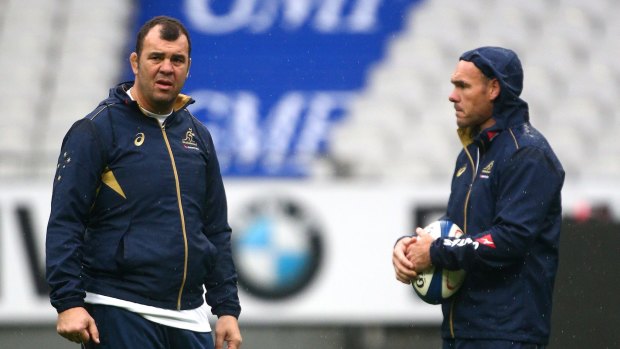 Brains trust: Wallabies head coach Michael Cheika and backs coach Nathan Grey in Paris on the spring tour.