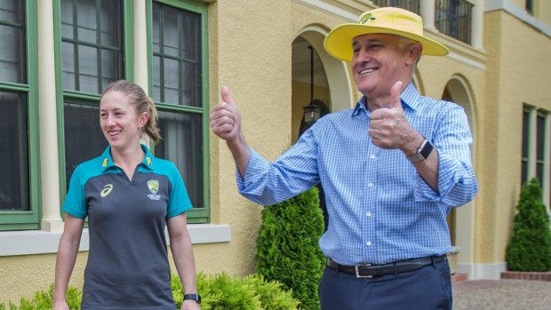 Malcolm Turnbull celebrates with the Australian women's cricket team on Wednesday after their Ashes win.