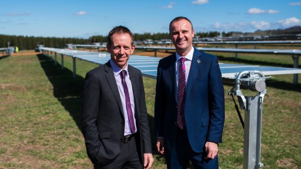 ACT Greens and Labor leaders Shane Rattenbury and Andrew Barr at a Canberra solar far. The two parties have worked together for much of the past decade, backing largely popular policies.