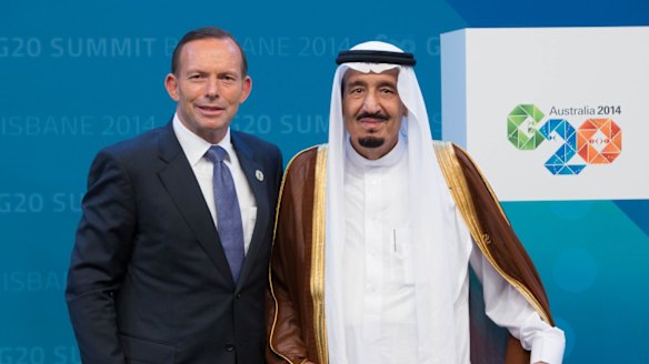 Tony Abbott welcomes then crown prince Salman to the G20 Leaders' Summit in Brisbane in November 2014. Two months later Salman would ascend to the throne.