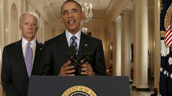 US President Barack Obama delivers a statement about the nuclear deal with Vice-President Joe Biden at his side during an early-morning address to the United States from the White House in Washington.