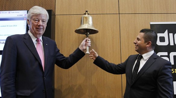 Anchorage Capital Partners managing director Phil Cave rings the bell  with Dick Smith CEO Nick Abboud at the retailer's stock market debut.
