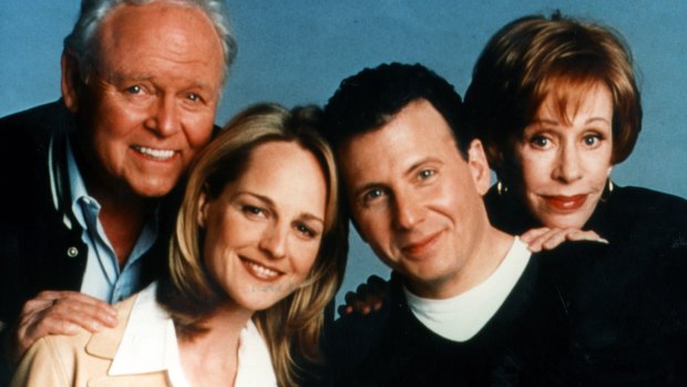 <i>Mad About You</i> stars Helen Hunt and Paul Reiser (centre) with fellow cast members Carroll O'Connor (left) and Carol Burnett (right).