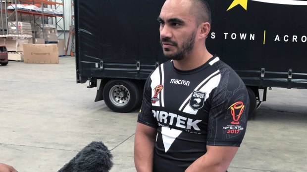 Thomas Leuluai models the new Kiwi jersey for the Rugby League World Cup.