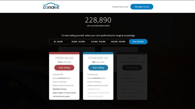 How the new pricing system looks on carsales.com.au. 