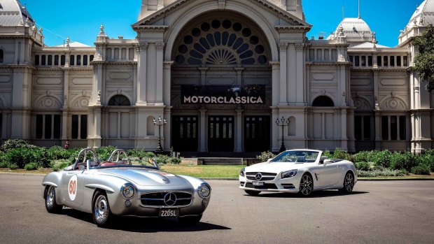 The old and the new: The 1957 Mercedes 220SL (left) alongside its 2014 direct successor.