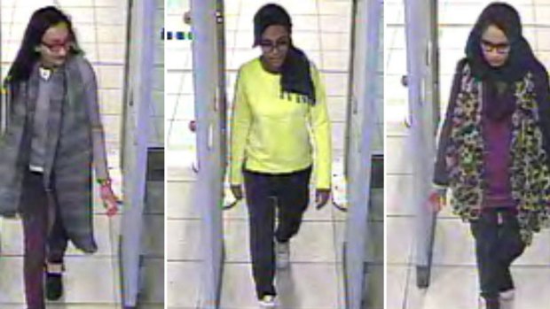 British teenagers Kadiza Sultana, Amira Abase and Shamima Begum at Gatwick Airport in February.