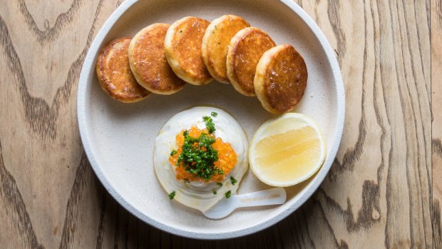 Fluffy blini with whipped cod roe. 
