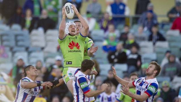 Canberra Raiders skipper Jarrod Croker soars high during this year's home win over Newcastle.