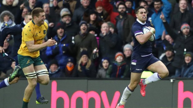 Left behind" Scotland winger Sean Maitland streaks away from the Wallabies defence to score.