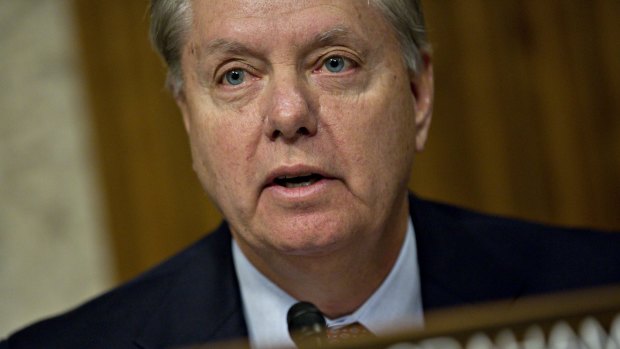 Senator Lindsey Graham questions witnesses during a Senate Armed Services Committee hearing on foreign cyber threats to the US in Washington, DC.