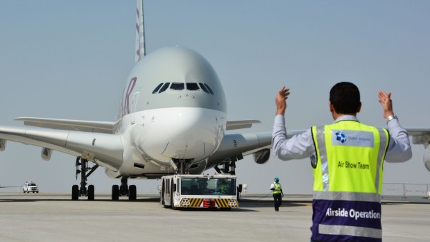 A Qatar Airways A380 superjumbo.