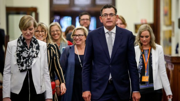 Victorian Premier Daniel Andrews and Minister for the Prevention of Family Violence Fiona Richardson at the release of the Royal Commission report at Parliament House.