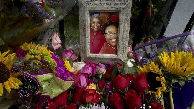 A photo of one of the victims at a makeshift memorial outside the Emanuel African Methodist Episcopal Church.